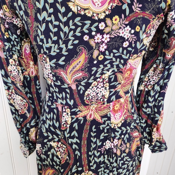 LOFT Black Colorful Floral Long Puff Sleeve Button-Down Sheath Dress Petite 2P - Picture 7 of 14